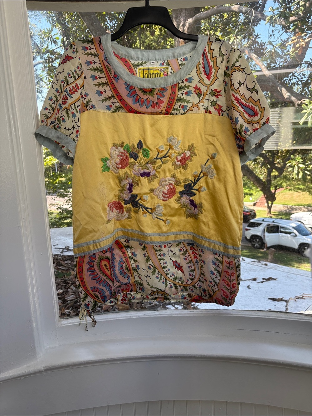 Johnny Was Yellow Floral Embroidered Patchwork Top